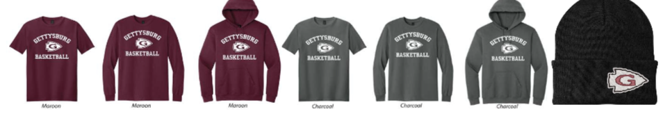 Gettysburg Basketball family gear: maroon and charcoal tees, crewnecks and hoodies, plus a logo beanie